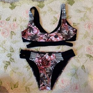 Floral Bikini Set with Black Accents